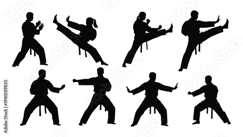 Black silhouettes of people performing various karate moves