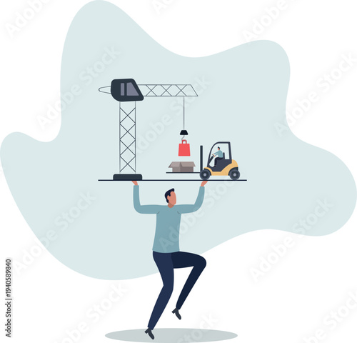 Cartoon tiny people loading boxes of humanitarian aid with forklift,person's life situation and his activities.