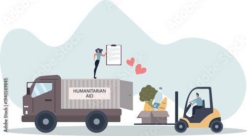 Cartoon tiny people loading boxes of humanitarian aid with forklift into truck.person's life situation and his activities.