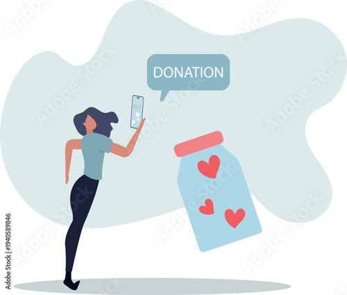 Woman holding charity jar with hearts and mobile phone with donation app concept.person's life situation and his activities.