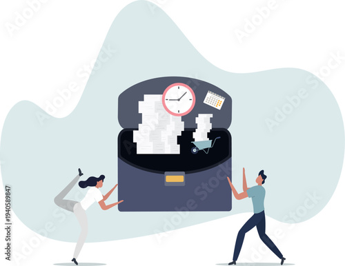 wheelbarrow full of paper documents, sorting unorganized stacks and heap.business and time management concept.person's life situation and his activities.