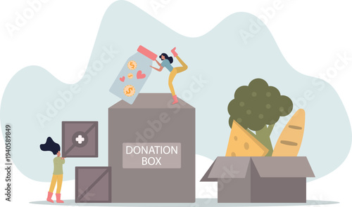 Cartoon tiny people donate money, love hearts and help to donation bank,person's life situation and his activities.