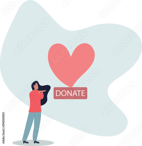 Woman hugging big heart with donate word. Assistance,person's life situation and his activities.