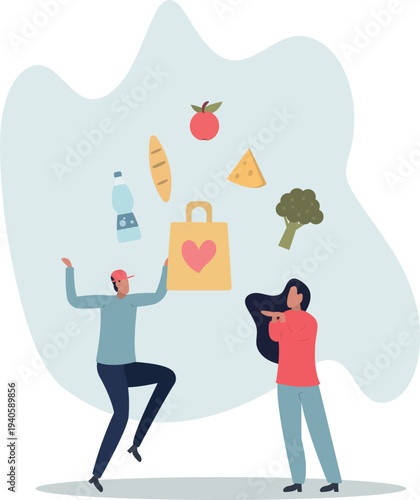 Volunteer giving paper bag with food to woman. Charity support.person's life situation and his activities.