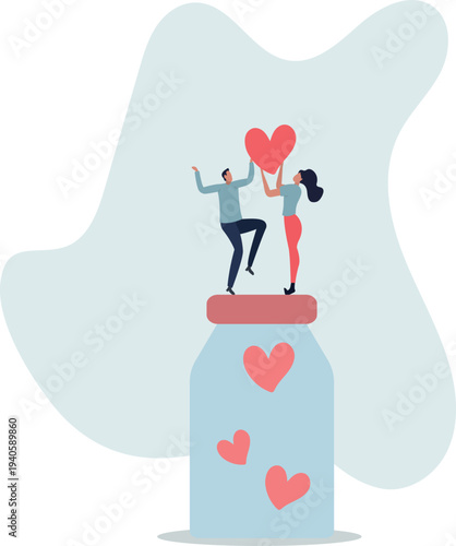 Cartoon tiny people holding hearts to throw into donation glass jar .person's life situation and his activities.
