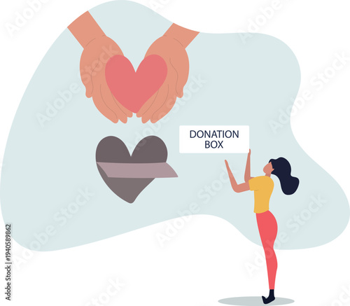 Hands of people donate and help. Volunteers give hearts to donation box.person's life situation and his activities.