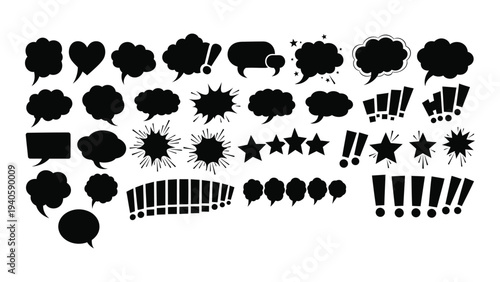 A collection of black comic book style speech bubbles and punctuation marks