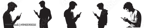 young man playing with cellphone silhouette style