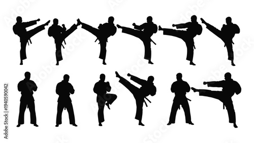 Silhouettes of people performing various martial arts kicks and punches