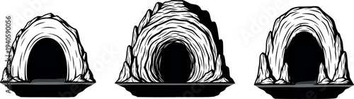 Black hand drawn sketch set of cave entrance and stone tomb openings isolated on white background for religious or archaeological designBlack hand drawn sketch set of cave entrance and stone tomb 