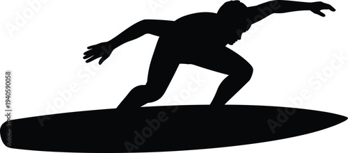 Surfer riding wave silhouette, man surfing on surfboard ocean sport action isolated on white background adventure illustration