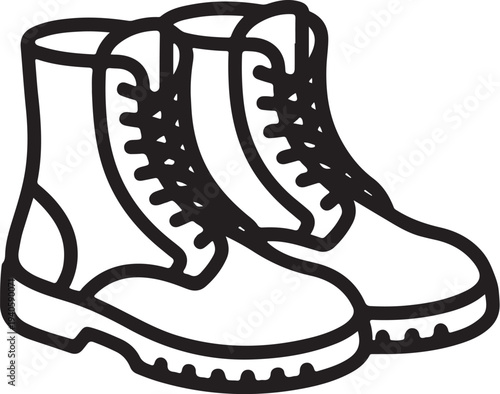 Pair of combat boots in simple line art style with bold black outlines on white background for military fashion