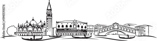 Venice skyline with gondolas and rialto bridge silhouette travel destination