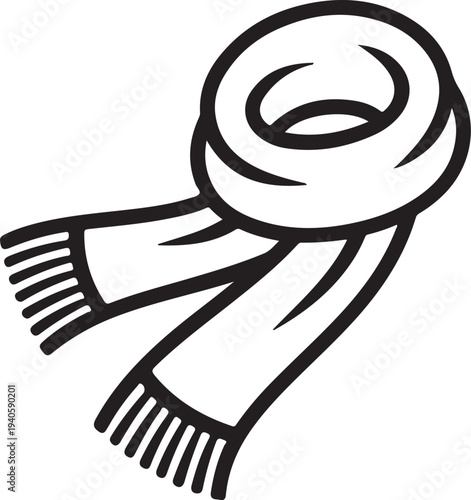 Scarf illustration in simple line art style with black outline on white background for winter clothing