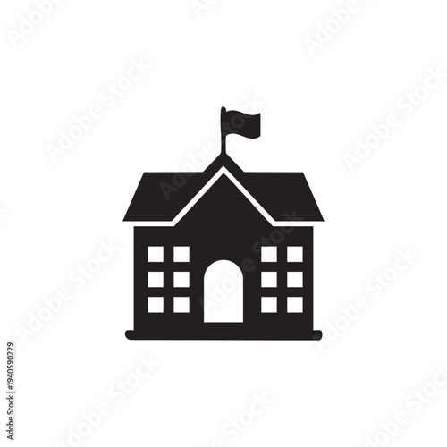 Classic School Building Silhouette with Flag Simple Flat Icon Educational Institution Concept Symbol Abstract Vector Art Minimalist Design