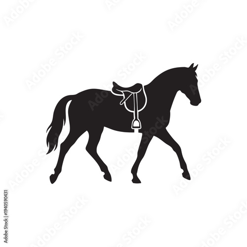 Equestrian Silhouette Black Horse with Saddle Vector Art Classic Animal Symbol Clean Minimalist Design for Equestrian Sports and Horse Riding Enthusiasts Powerful Graceful Equine Silhouette Studio