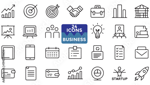 Collection of business icons depicting growth strategy and modern workplace elements
