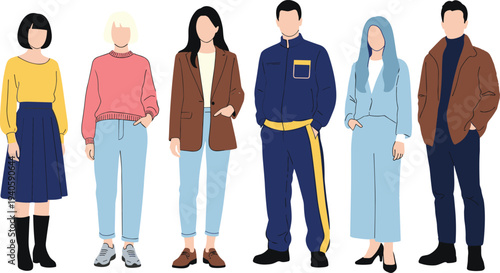Collection of Diverse People Characters in Flat Vector Style Wearing Casual Autumn Fashion Outfits Isolated on White Background for Minimalist Design Projects