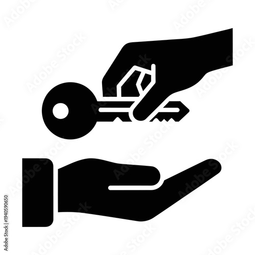 Hand giving key to another hand icon representing real estate deal or car rental handover in black silhouette