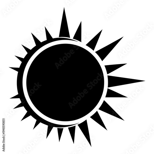 Stylized sun icon silhouette with sharp rays, minimalist black and white graphic design element