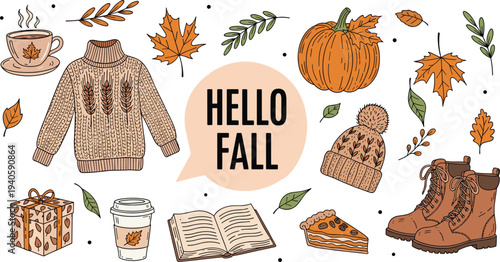 Hand Drawn Autumn Season Illustration Set with Pumpkin Sweater Boots Coffee Book and Maple Leaves for Hello Fall Concept Isolated on White