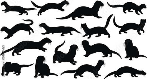 Collection of diverse happy children characters silhouettes of animals and birthday celebration elements cad drawing flat vector illustration for kids