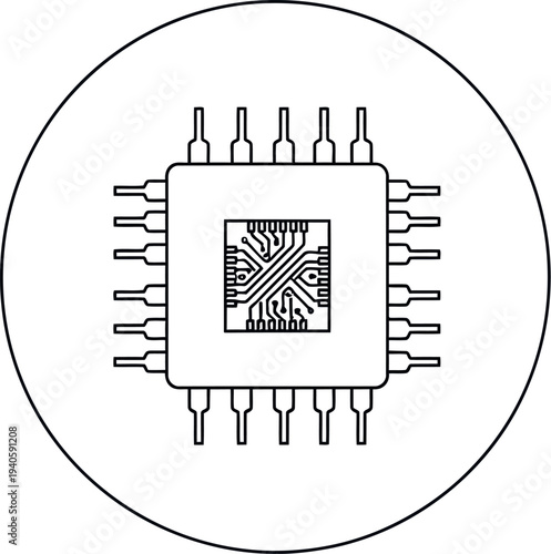 Line art icon representing a central processing unit chip for computer technology.