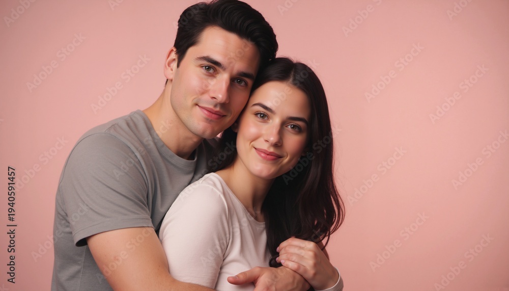 Fototapeta premium Young happy couple hugging on pink background. Romantic man and woman embracing in studio portrait. Love and relationship concept