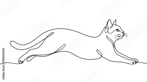 Single continuous line art portraying an agile cat in a dynamic running pose, a minimalist and modern illustration reflecting the graceful movement of a domestic feline