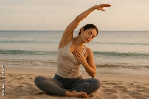 Woman performing a side bend yoga pose on the sand, finding inner peace and promoting flexibility, mobility, and well being during a tranquil sunset practice outdoors