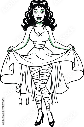 Stylized cartoon woman with green skin, mummy-inspired bandaged legs, confident pose, and fashionable dress, perfect for Halloween, horror, fantasy, and creative design projects