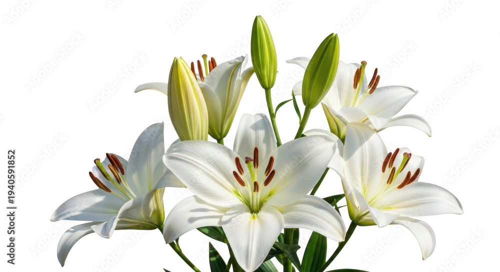 Obraz premium A cluster of white lilies with vibrant orange stamens on transparent background