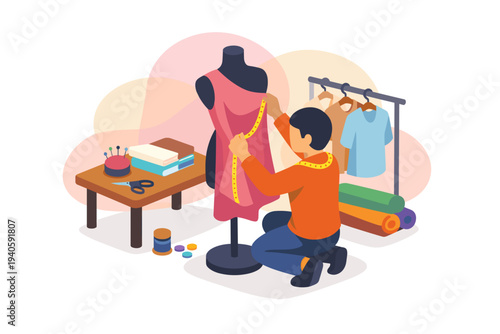 Fashion Designer Measuring Dress on Mannequin in Studio.