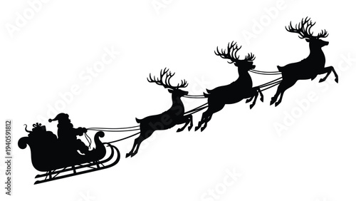 Santa claus rides through the night sky in his sleigh pulled by reindeer