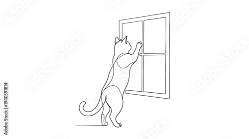 A minimalist line art illustration depicts a curious cat reaching up to a window pane with its paw, showcasing a simple yet engaging scene