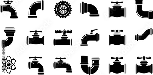 Collection of black plumbing pipe fittings and valves white background faucet