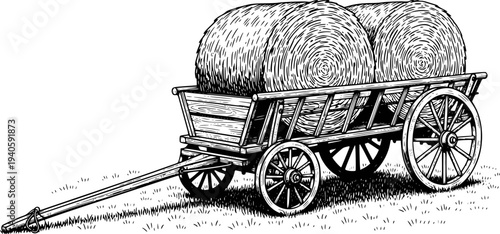 Vintage wooden cart loaded with round hay bales a white background wagon