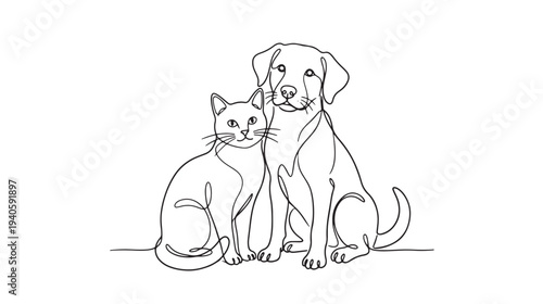 Simple Line Drawing of a Cat and Dog Together as Best Friends, illustrating companionship and pet love