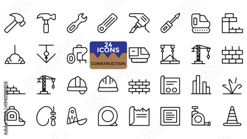 Collection of construction tools and building icons in simple outline style