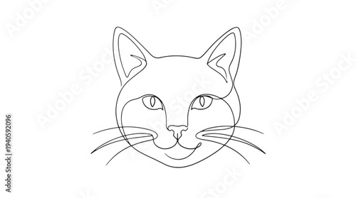 Minimalist continuous line drawing of a graceful cat's face, showcasing a simple and elegant feline portrait in single stroke art