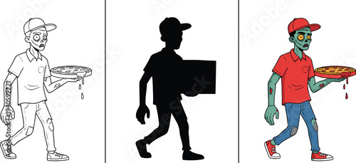 Stylized zombie pizza delivery character illustration showing line art, silhouette, and full-color versions, perfect for fantasy, gaming, and horror-themed creative design projects
