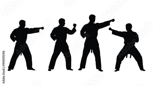 Four black silhouettes of men in different karate fighting stances