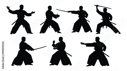 Seven martial arts poses with swords in various stances