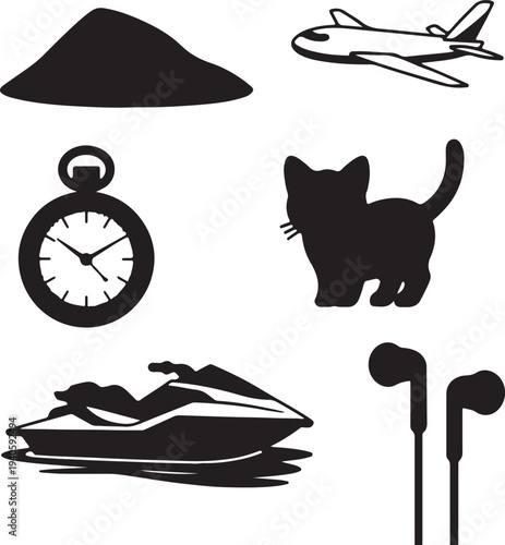 Set of 6 black silhouette icons vector