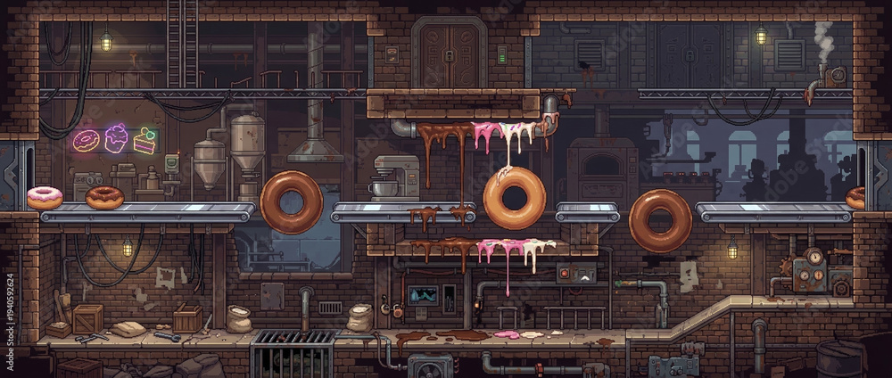 Fototapeta premium Fried Dough Circle Workshop - Pixel Art Platformer Background, Retro 16-Bit Metroidvania Brawl Side-Scroller Level, Horizontal Arcade Game Asset 90s Style