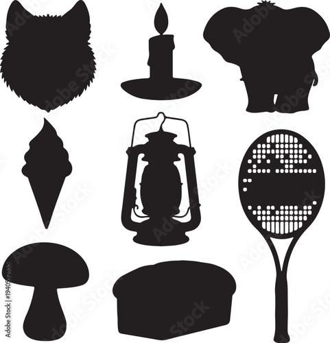 Set of 8 black silhouette icons vector