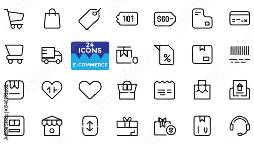 Collection of black and white e commerce and shopping related linear icons