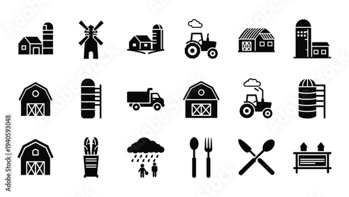 Various farm and food icons in black