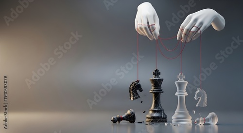Artificial hands manipulating chess pieces with red strings as marionettes, illustrating unseen geopolitical control and strategic warfare, for conceptual articles on power dynamics.