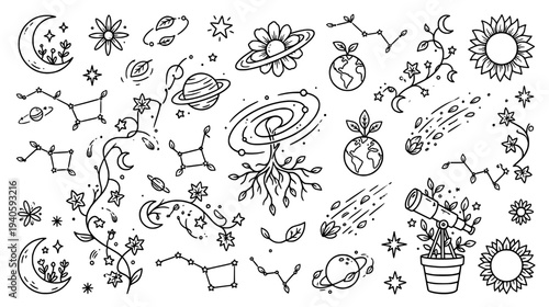 Hand drawn astrobotanical doodles featuring mystical planets constellations moons and botanical flowers